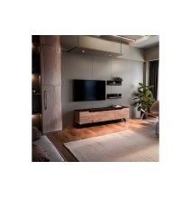 Mueble TV Completo en Melamina Color Roble y Negro, 180x35x48.5 cm, con 2 Estantes